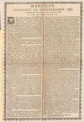 2 vues  - Feuillet imprimé intitulé \'Manifeste touchant le souslèvement des rebelles du pays de Suisse et la prise des armes contre eux\'. Jouxte la copie allemande tirée de la Chancellerie de Baden, en datte du 8 de may 1653 (ouvre la visionneuse)