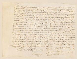 2 vues  - Acte notarié passé devant le notaire Dupuy autorisant Théodore de Bèze à remettre au mandataire du roi Henri IV le reçu concernant le dépôt des bagues, avec signature autographe de Catherine Rotan.- Castres, 7 février 1602 (ouvre la visionneuse)