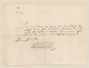 2 vues  - Reçu délivré par Claude-Antoine de Vienne à Mr de Willermin pour le paiement de la somme de 1500 écus sols.- Bâle, 28 juin 1587 (ouvre la visionneuse)