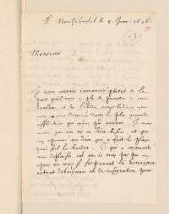 4 vues  - Montmollin, G[eorges?] de. Lettre signée avec cachet à Louis Tronchin.- Neuchâtel, 8 janvier 1676 (ouvre la visionneuse)