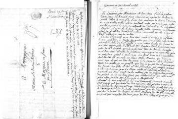3 vues  - Prevost - De Roches, [Jacqueline Renée] (1730-1806, veuve de Jacques). Lettre autographe signée à Jacob Vernes. - Genève, 30 avril 1785 (ouvre la visionneuse)
