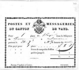 2 vues Postes et messageries du Canton de Vaud : billet pour place dans la diligence de Genève à Lausanne (1841)
