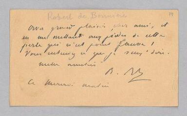 4 vues  - Bonnières, Robert de. 2 cartes autographes signées adressées à Adolphe Chenevière. - Paris, avril 1894 et sans date (ouvre la visionneuse)