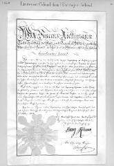 1 vue  - Nomination de Dufour en qualité de Lieutenant Colonel dans l\'état major fédéral, signé par le président de la Diète Vinzenz Rüttimann, 7 octobre 1820. En allemand, avec sceau sous papier (ouvre la visionneuse)