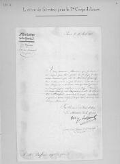 1 vue  - Lettre de service pour le 7e Corps d\'armée, sur papier à en-tête du Ministère de la guerre, signée par le ministre, le Maréchal Prince d\'Eckmül Davout, Paris, 23 avril 1815. (ouvre la visionneuse)