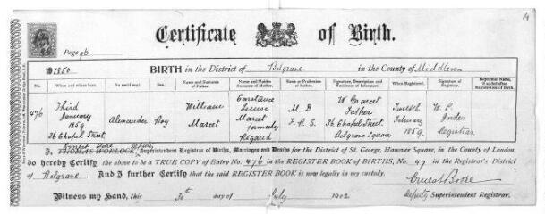 1 vue  - Certificat de naissance d\'Alexandre Marcet, né le 3 janvier 1859, délivré le 30 juillet 1902 (ouvre la visionneuse)