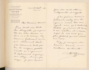 2 vues  - Vever, Henri. Lettre autographe signée à Charles Meunier. - Paris, 15 novembre 1912 (ouvre la visionneuse)