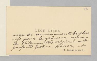 2 vues  - Dierx, Léon. Carte de visite autographe non signée à Mathias Morhardt. - [Paris], sans date (ouvre la visionneuse)