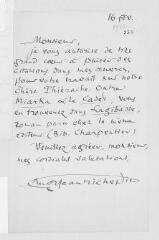 4 vues  - Richepin, Jean. 2 lettres et cartes autographes signées à Elie Moroy. - Dommartin-en-Serve (Seine-et-Oise) et sans lieu, 16 février 1910-24 octobre 1911 (ouvre la visionneuse)