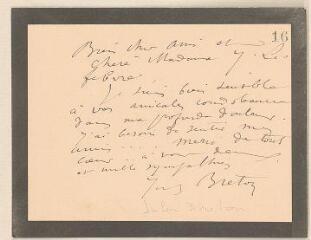 2 vues  - Breton, Jules. Lettre autographe signée à Monsieur et Madame Jules Lefebvre. - Sans lieu ni date (ouvre la visionneuse)