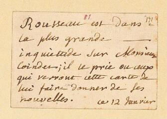 2 vues  - Rousseau, Jean-Jacques. Billet autographe non signé [carte à jouer] à François Coindet.- 12 janvier 1760. (ouvre la visionneuse)