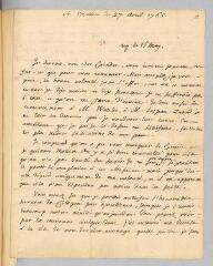 4 vues  - Rousseau, Jean-Jacques. Lettre autographe signée à François Coindet.- 27 avril 1765. (ouvre la visionneuse)