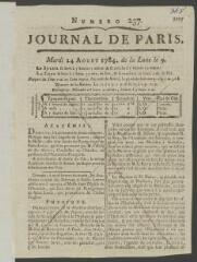 4 vues  - \'Journal de Paris\', n° 237, mardi 24 août 1784, p. 1007-1010, contenant la nécrologie de Denis Diderot (ouvre la visionneuse)