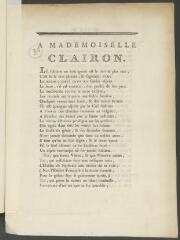 4 vues  - [Voltaire]. A Mademoiselle Clairon. [Genève, 1765], imprimé in-4 (ouvre la visionneuse)