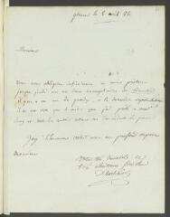 4 vues  - Herbois, [Jean-Marie Collot] d\'. Lettre autographe signée à [François] Tronchin, \'en son château\', aux Délices.- Genève, 2 avril 1786 (ouvre la visionneuse)