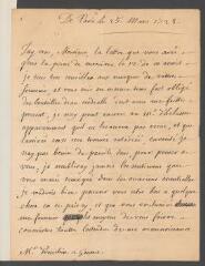 4 vues  - Valentinois, [Jacques-François-Léonor de Goyon de Matignon], duc de. Lettre autographe signée à [Jean] Tronchin, à Genève.- Paris, 25 mars 1728 (taxe postale) (ouvre la visionneuse)