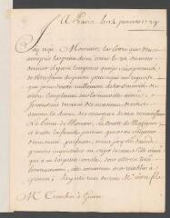 4 vues  - Valentinois, [Jacques-François-Léonor de Goyon de Matignon], duc de. Lettre autographe signée à [Jean] Tronchin, à Genève.- Paris, 14 janvier 1739 (taxe postale) (ouvre la visionneuse)