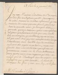 4 vues  - Valentinois, [Jacques-François-Léonor de Goyon de Matignon], duc de. Lettre non autographe signée à [Jean] Tronchin, à Genève.- Paris, 9 janvier 1742 (taxe postale) (ouvre la visionneuse)