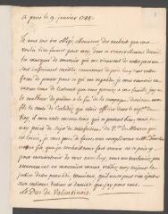 4 vues  - Valentinois, [Jacques-François-Léonor de Goyon de Matignon], duc de. Lettre autographe signée à [Jean] Tronchin, à Genève.- Paris, 9 janvier 1744 (taxe postale) (ouvre la visionneuse)