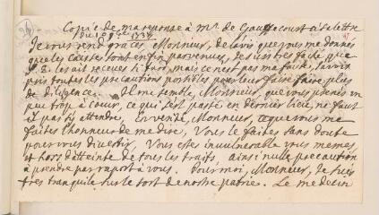 2 vues  - [Tronchin, Jean]. \'Copie [autographe non signée] de ma réponse à Mr [Jean-Vincent Caperonier] de Gauffecourt à sa lettre du 10 9bre 1737\' (taxe postale) (ouvre la visionneuse)