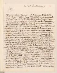 4 vues  - [Molènes, Anne, épouse de Jean Tronchin]. Lettre autographe non signée à son mari [Jean] Tronchin, ancien procureur général, Barrière Montmartre, à Paris.- 19 juillet 1727 (ouvre la visionneuse)