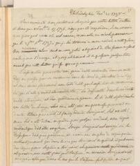 4 vues  - Jefferson, [Thomas], \'président des Etats-Unis\'. Copie, soit traduction française d\'une lettre, d\'une main non identifiée, [à Jean-Armand Tronchin].- Philadelphie, 20 février 1798 (ouvre la visionneuse)