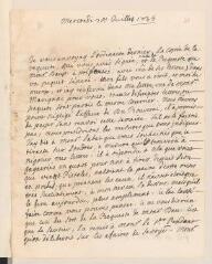 4 vues  - Tronchin M[olènes], Anne. Lettre autographe signée à [son mari] Jean Tronchin, chez J[ean-]R[obert] Tronchin, rue Ste-Catherine à Lyon.- Mercredi 20 juillet 1735 (ouvre la visionneuse)