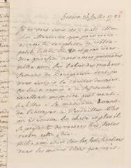 4 vues  - [Saladin de Crans, Antoine]. Lettre autographe non signée à Jacob Tronchin \'chés M. le Comte Diodati, rué de la Michodière, à Paris\'.- Genève, 26 juillet 1782 (taxe postale) (ouvre la visionneuse)