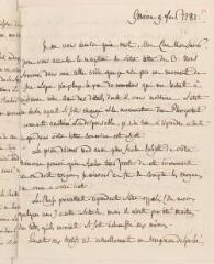 4 vues  - [Saladin de Crans, Charles]. Lettre autographe non signée à Jacob Tronchin, au Palais Royal, à Paris.- Genève, 9 février 1781 (ouvre la visionneuse)