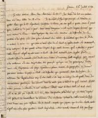 4 vues  - [Saladin de Crans, Charles]. Lettre autographe non signée à Jacob Tronchin, au Palais Royal, à Paris.- Genève, 26 juillet 1780 (ouvre la visionneuse)
