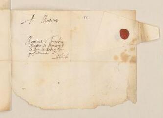 2 vues  - Fragment de feuillet portant l\'adresse de Théodore Tronchin auprès du duc de Rohan à Zurich, avec cachet de Brederode.- sans lieu ni date (ouvre la visionneuse)