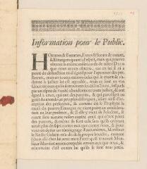 8 vues  - Imprimé intitulé \'Information pour le public\', signée Judith et André Cartier au sujet de Mainfait.- sans lieu, [1753] (ouvre la visionneuse)